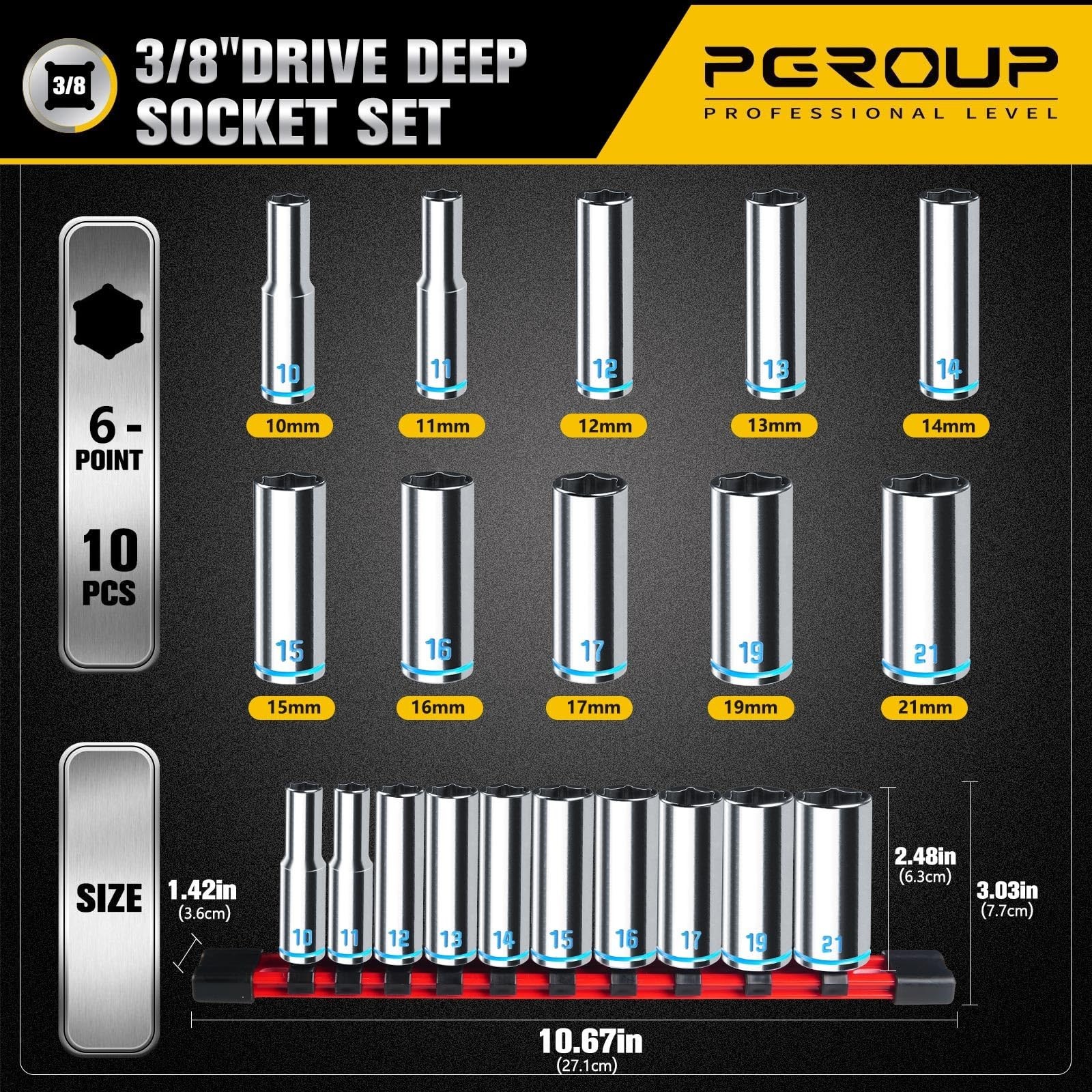 10PC 3/8″ Drive Deep Socket Set Metric 10-21mm, 6-Point, Chrome Finish, Cr-V Ste