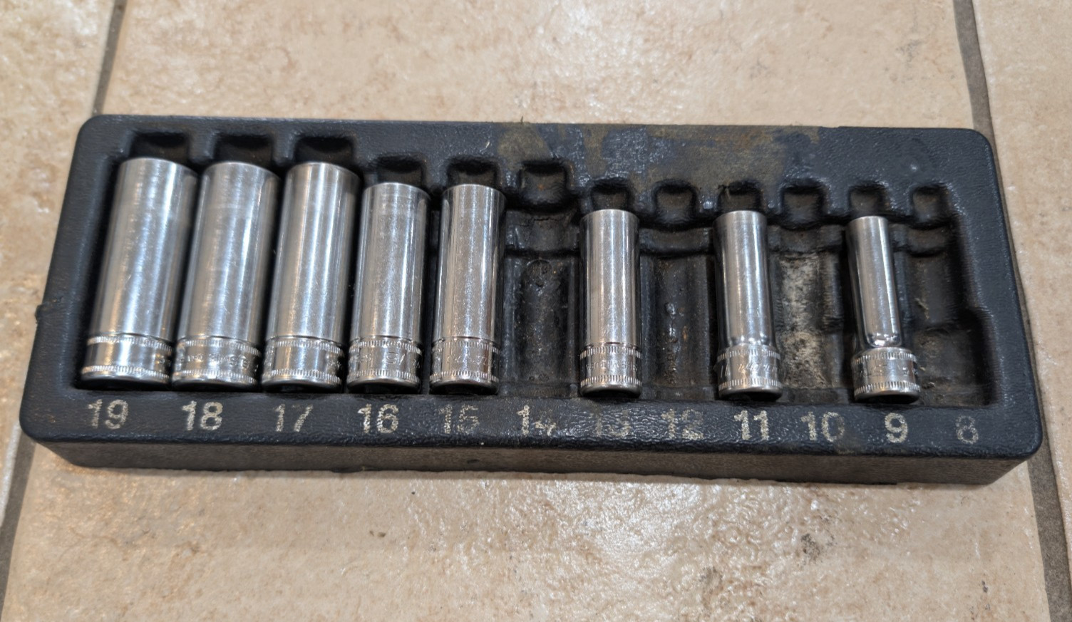 Snap On 3/8 Drive Deep Metric 6 Point Socket Incomplete Set USA Plastic Tray