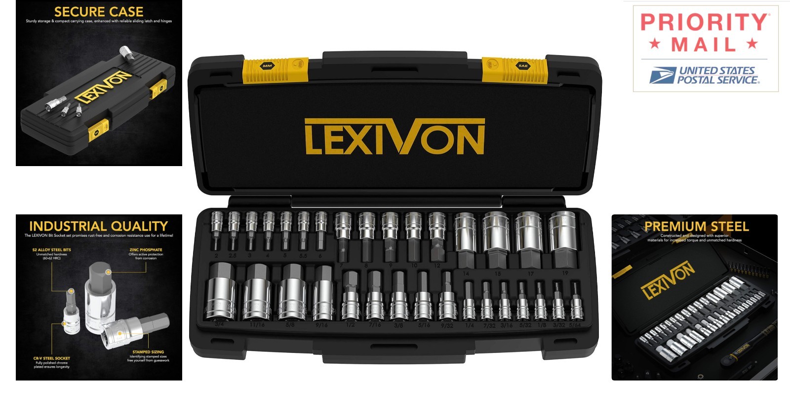 32 Piece Hex Bit Socket Set S2 Alloy Steel SAE Metric Easy Storage Case