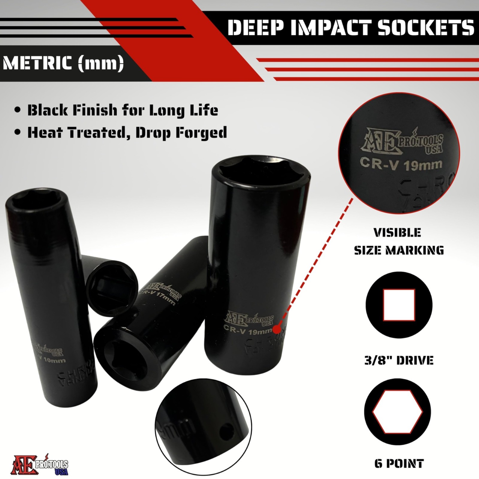 {8pc} Deep Impact Socket Set – Metric, 3/8″ Drive, 6 Point Sockets, 10mm – 19mm