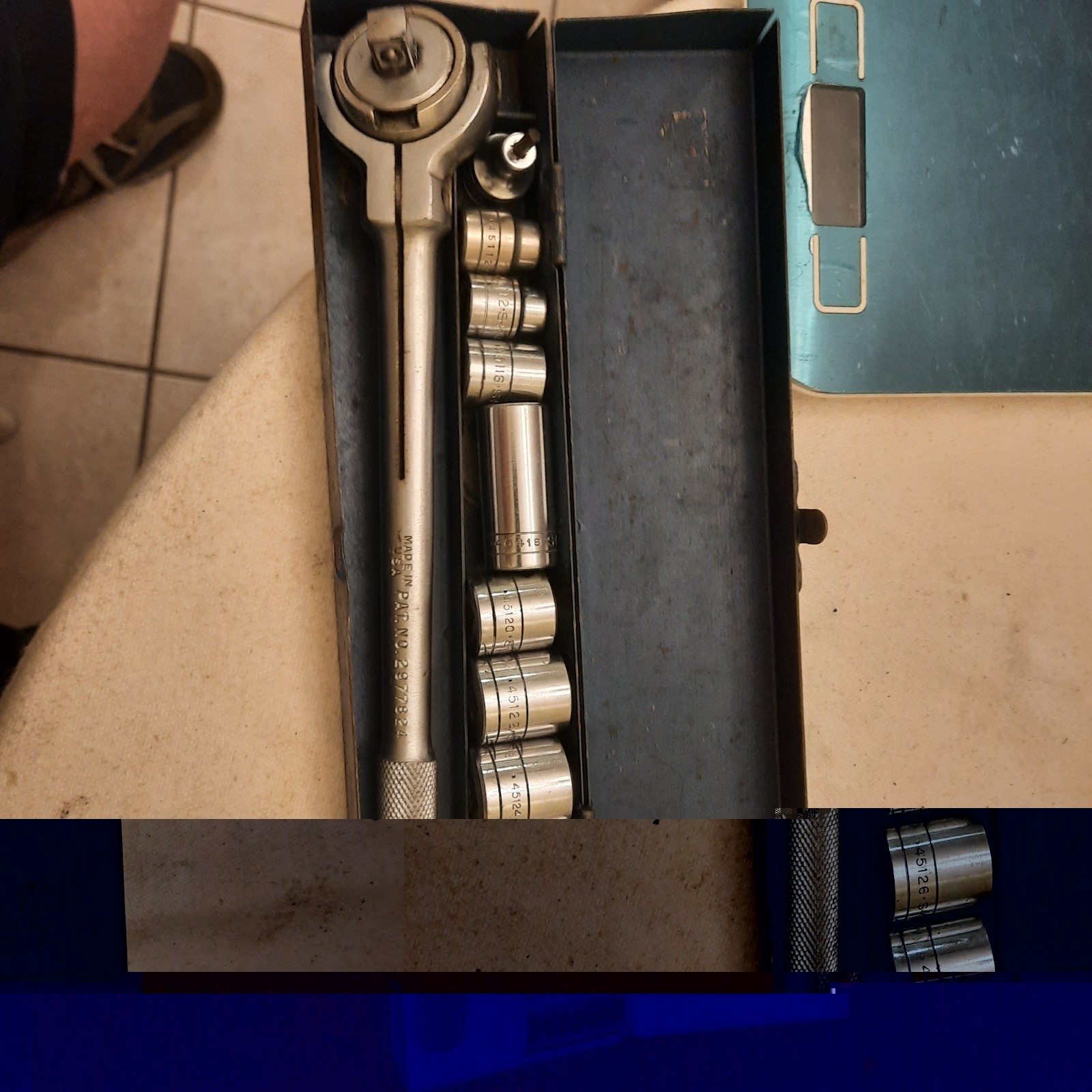 S-K Rotating Swivel Head Ratchet + 10 Pc Sockets. USA. In Metal Case. See Desc.