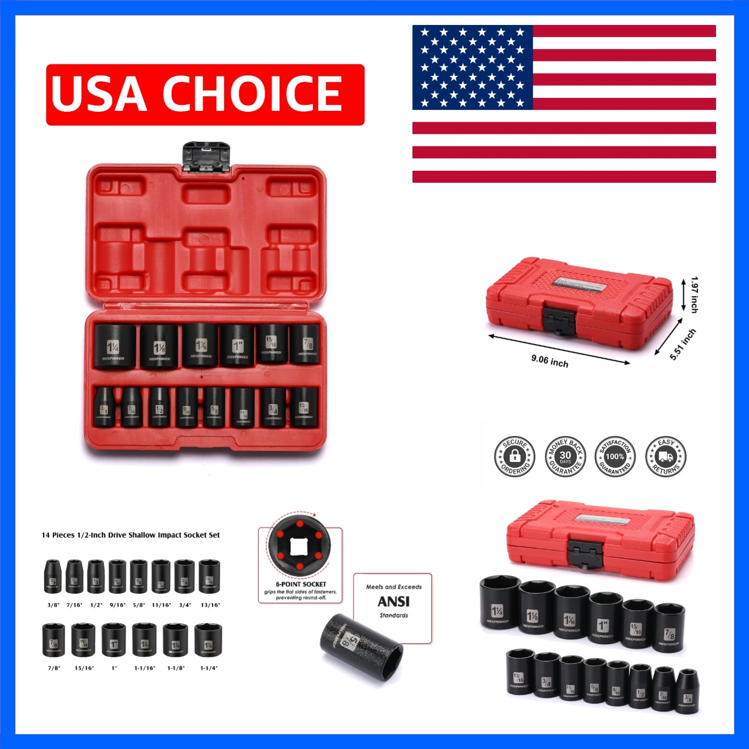 14 Pieces 1/2-Inch Drive Shallow Impact Socket Set, 3/8-Inch to 1-1/4 Inch, C…