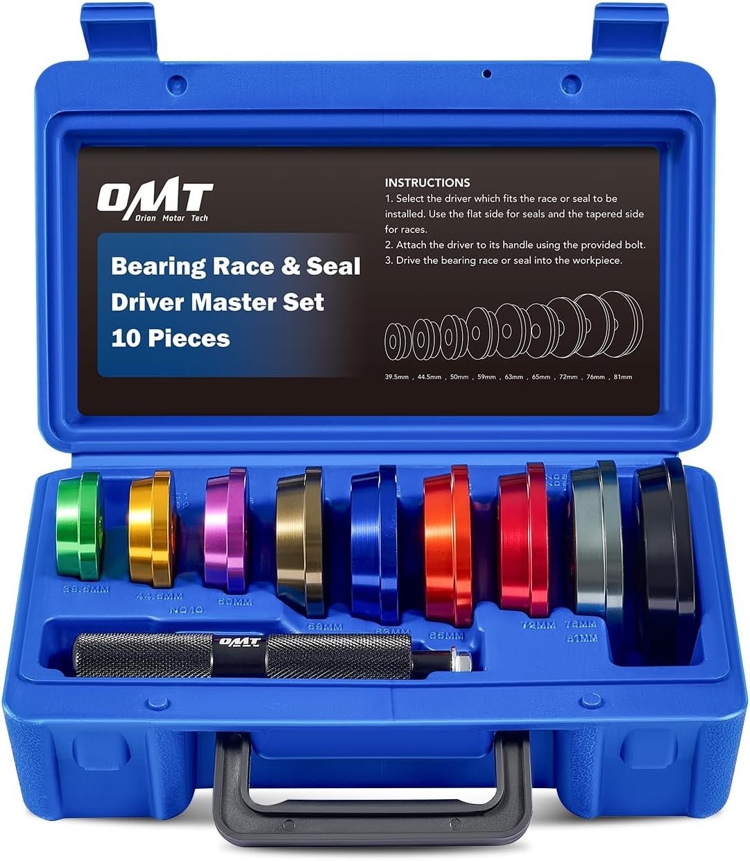 10pc Bearing Race and Seal Driver Set with Adapters for Bearing Installation