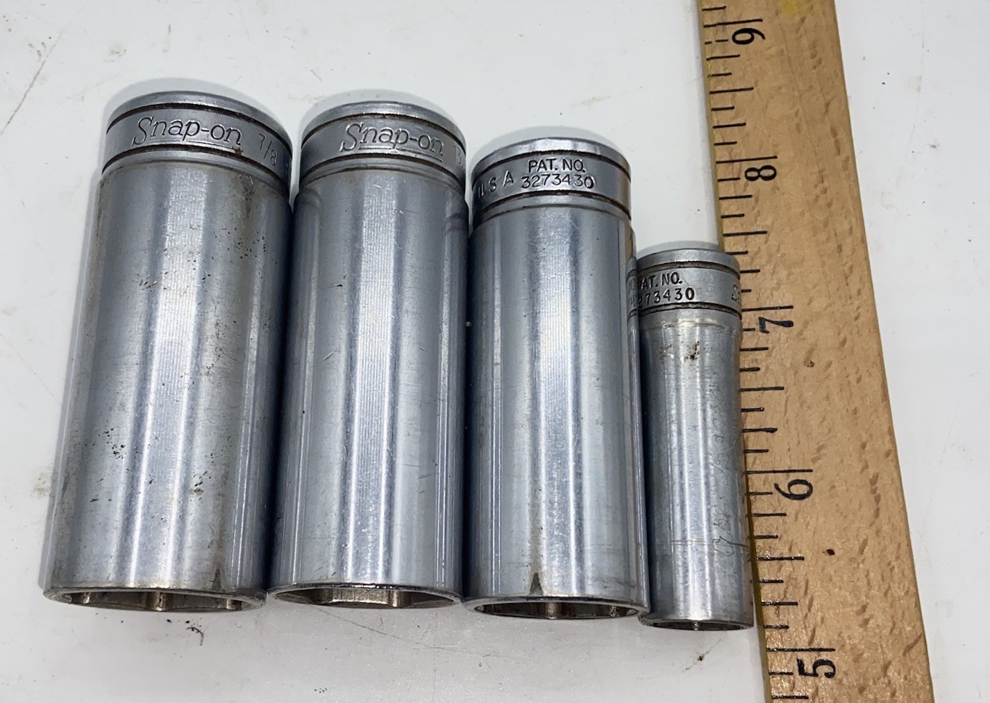 Snap-On 3/8″ Drive SAE Socket Deep Well 6 PT 4 pieces 7/16”, 7/8”, 3/4”, 13/16”