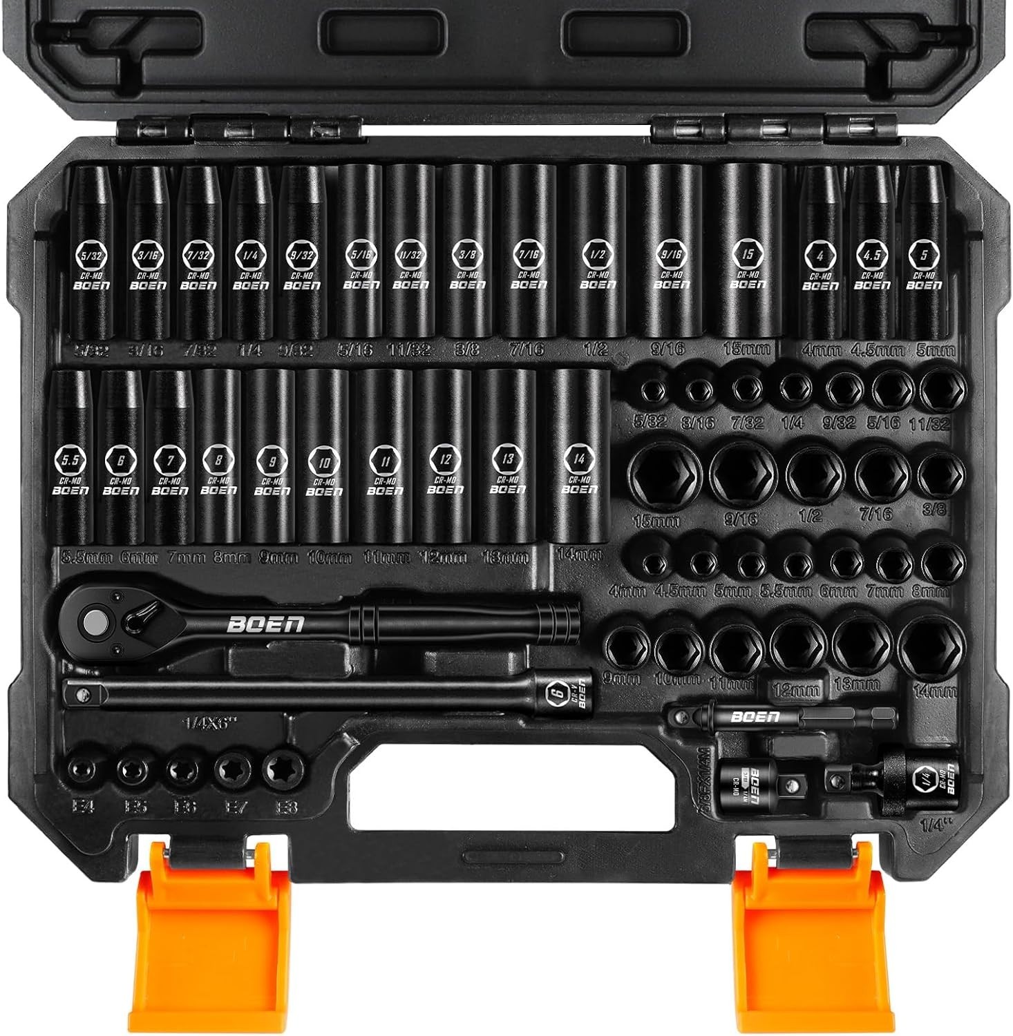 1/4 Drive Impact Socket Set 60PC SAE Metric Cr-Mo Deep Shallow Ratchet Kit