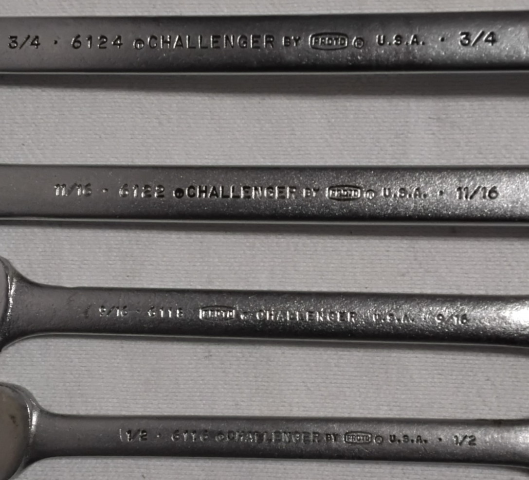 (4) Proto Challenger SAE Combination Wrench Set LOT 6116 6118 6122 6124 USA