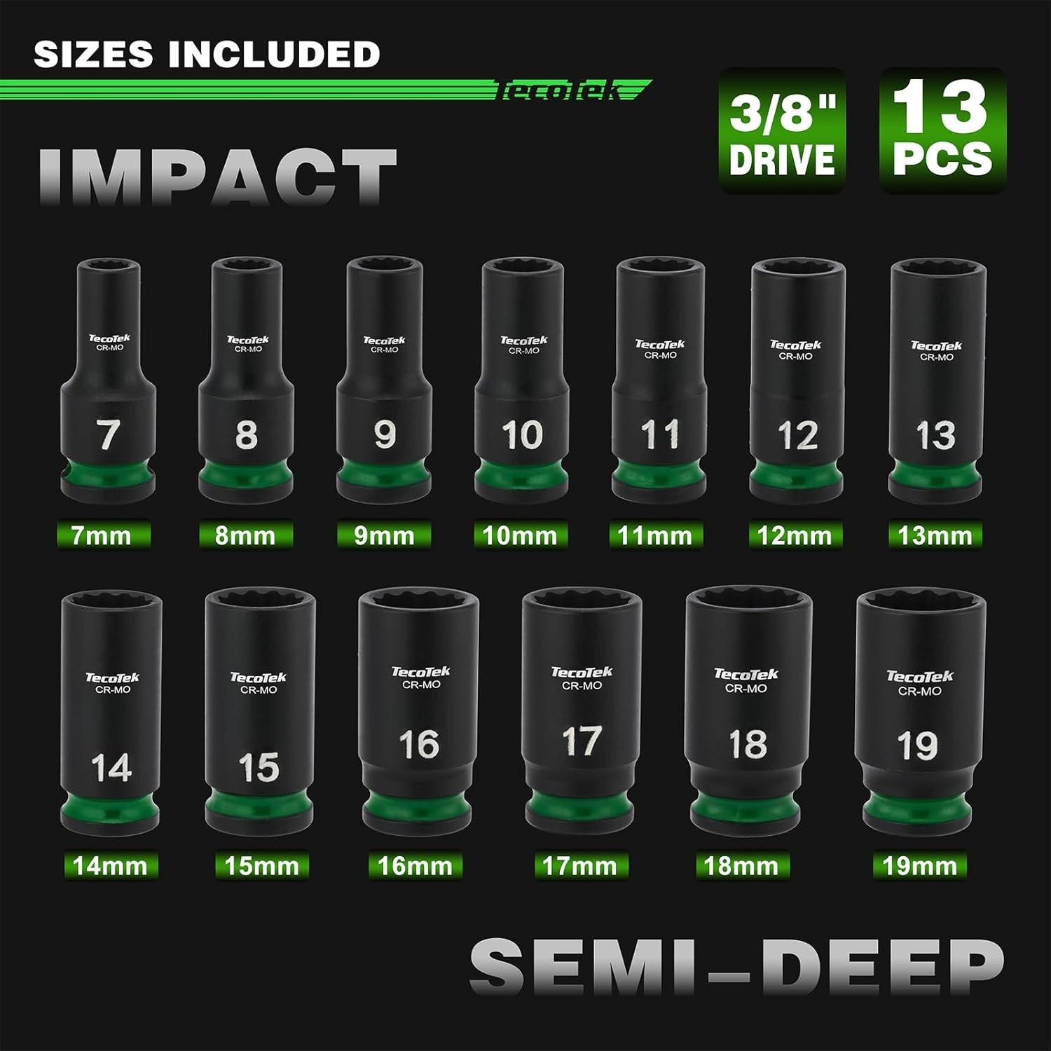 12-Point Impact Socket Set 7-19mm 3/8in Drive Chrome Molybdenum Steel