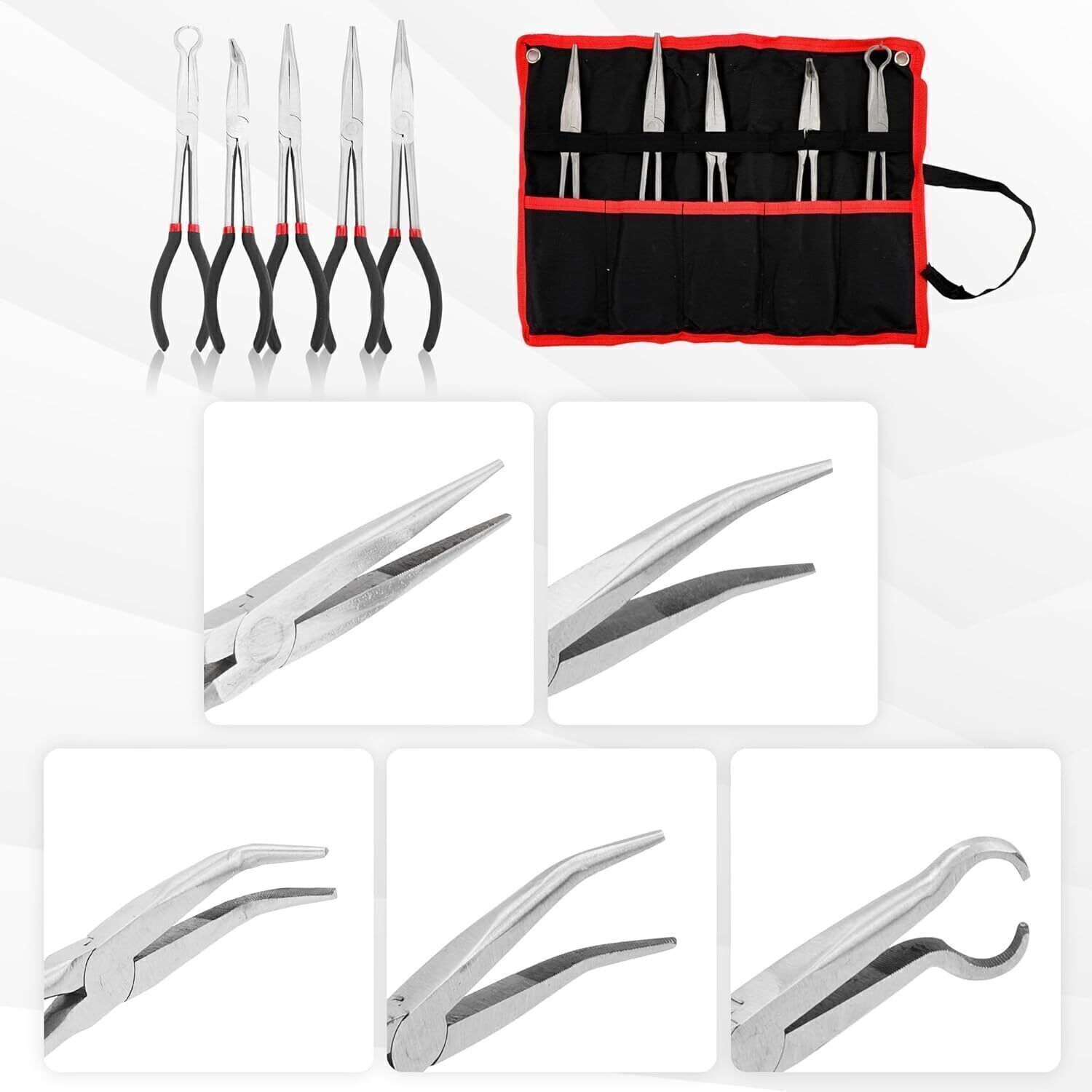 5Pack 11Inch Long Needle Bent Nose Pliers Set Extended Reach Tools Curved Pliers