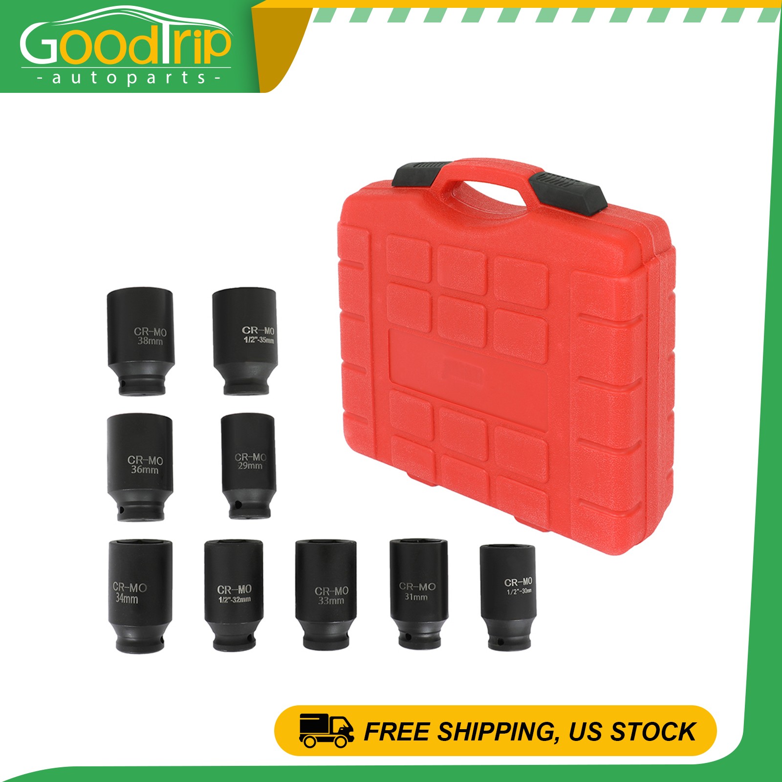 9Pcs 29Mm-38Mm 1/2″ 6Pt Drive Metric Axle Hub Nut Socket Deep Impact Socket Set