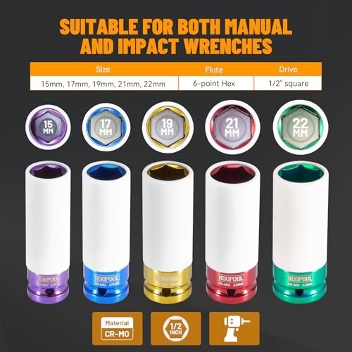 5-Piece Deep Impact Lug Nut Socket Set 15mm 17mm 19mm 21mm 22mm Thin Wall with S