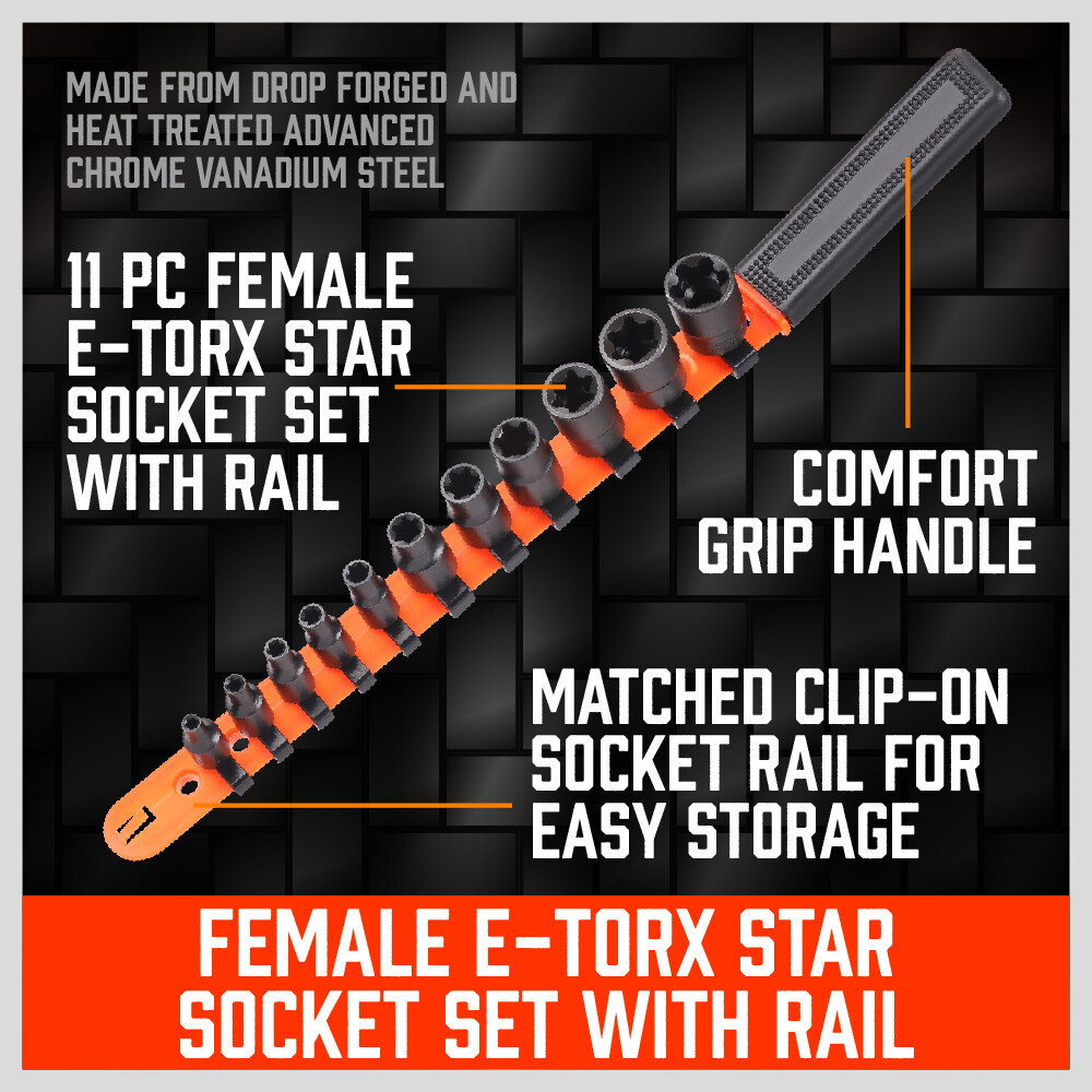 11pc Torx Star Bit Female External E Socket Set & Rail Automotive Tools E4-E20