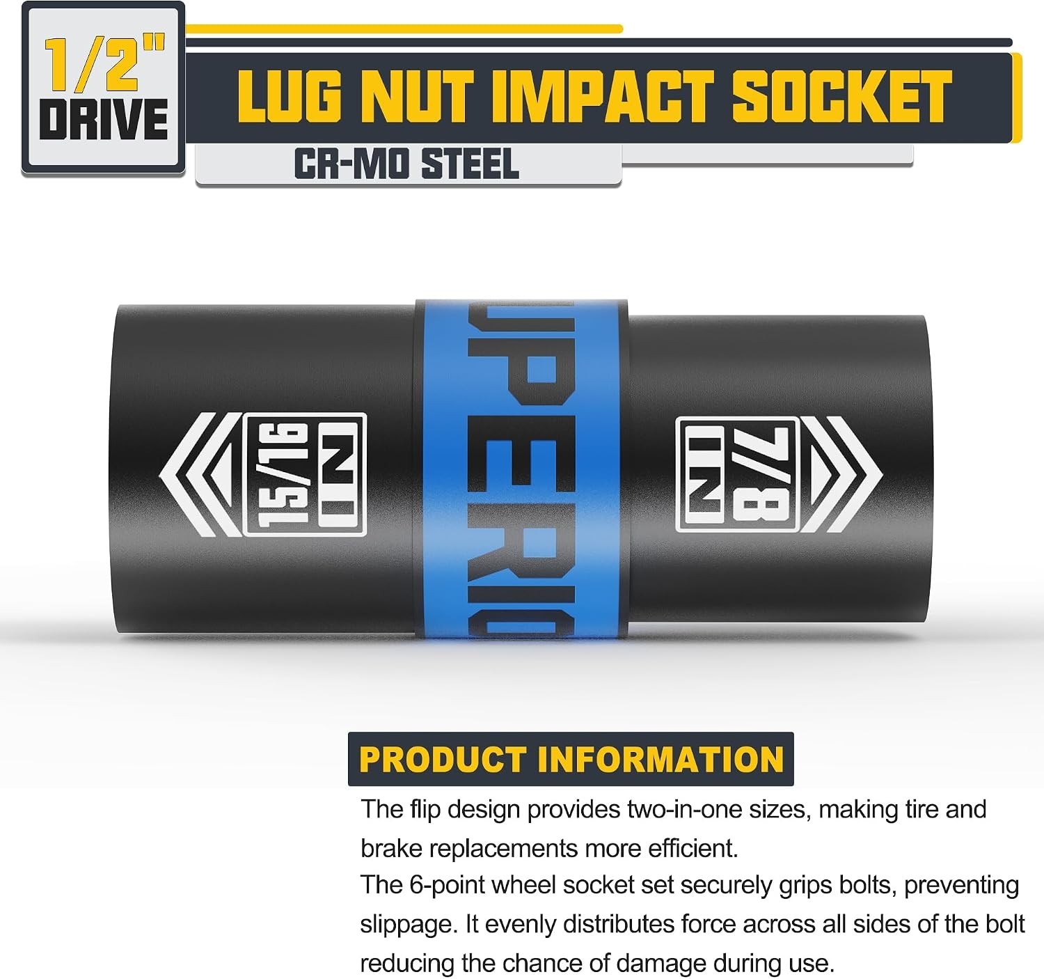 Effortless Lug Nut Removal – 1/2″ Drive Dual-Sided Impact Socket, Cr-V Steel