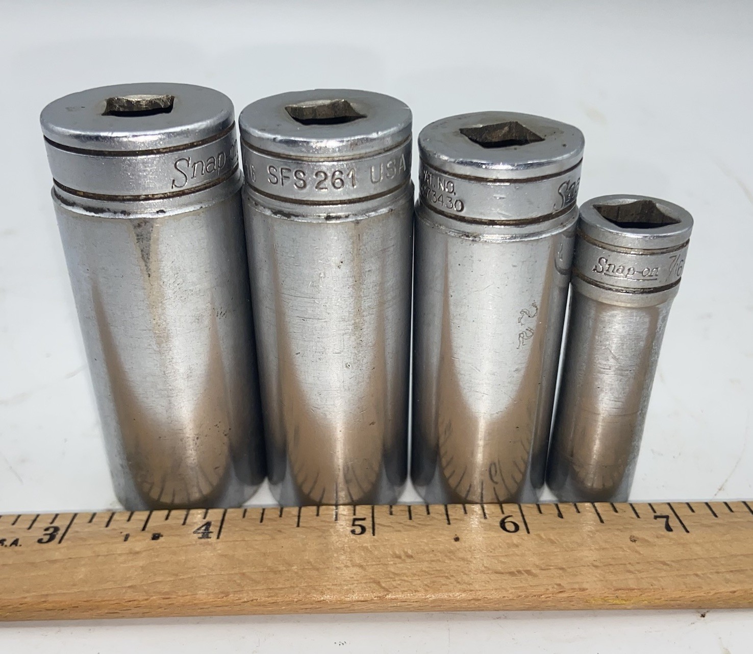 Snap-On 3/8″ Drive SAE Socket Deep Well 6 PT 4 pieces 7/16”, 7/8”, 3/4”, 13/16”