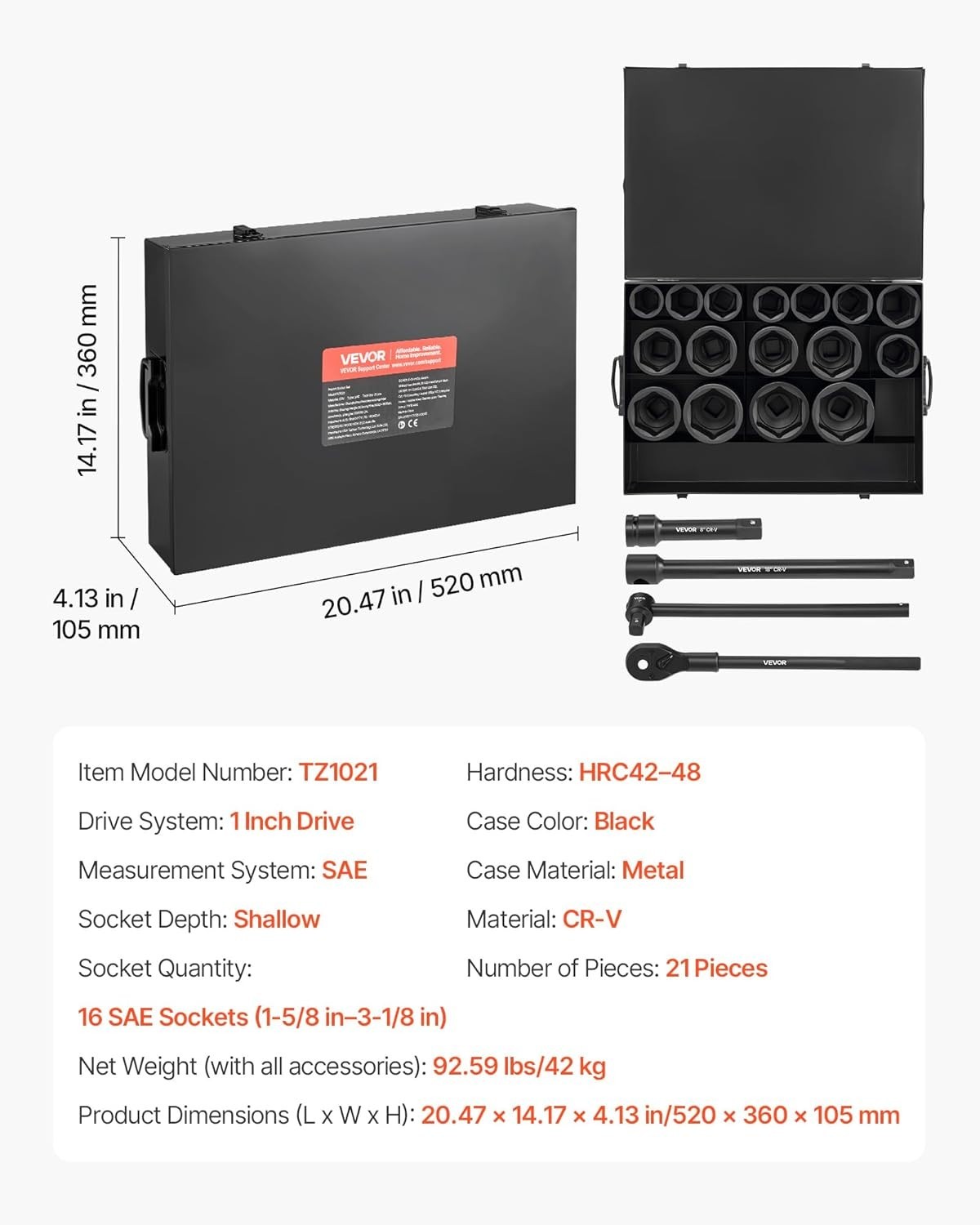 High-Torque 21-Piece Impact Socket Set with Extension Bars