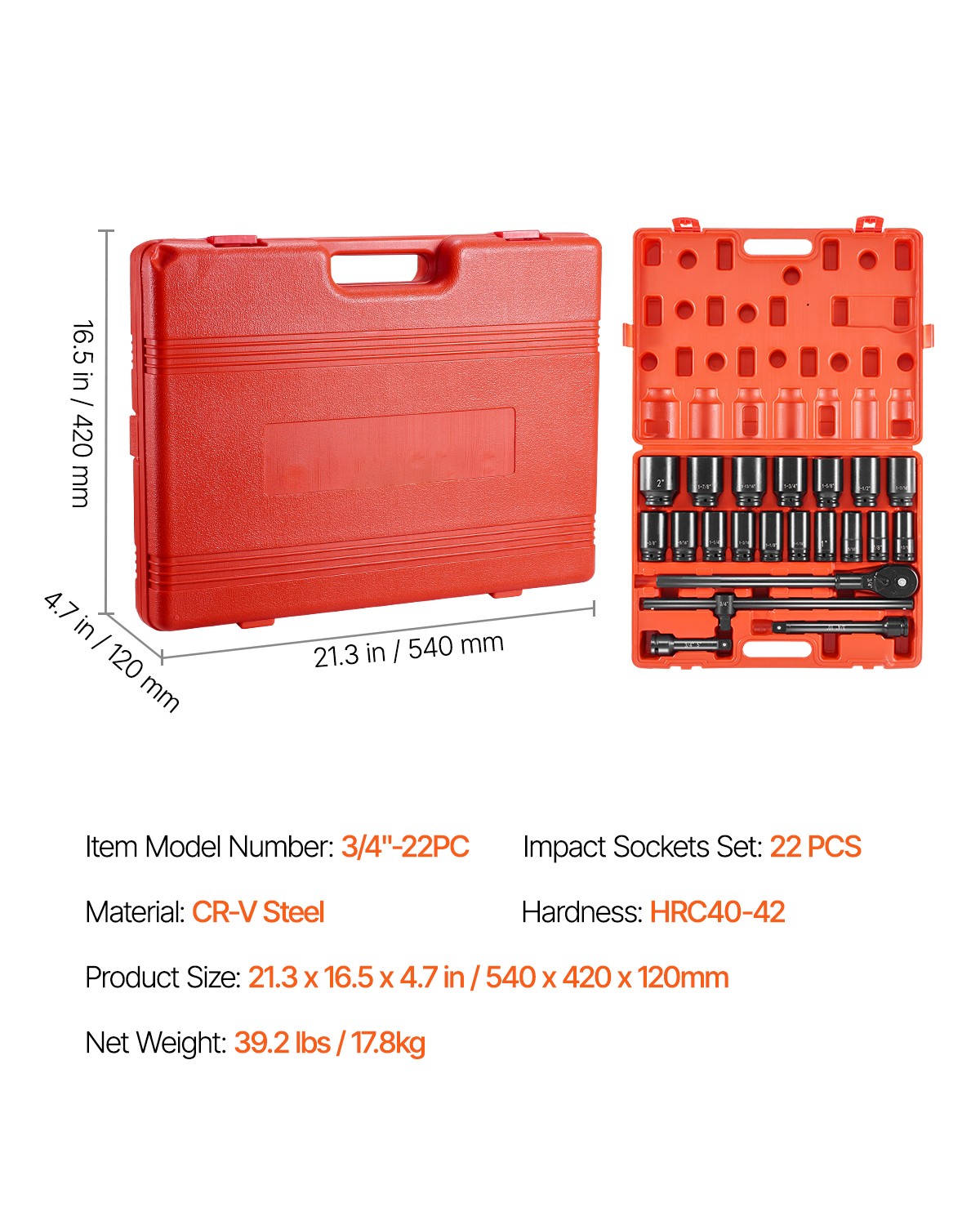 Uimoso Deep Impact Sockets Set 3/4 Inch 22 Piece, 13/16″ to 2″ SAE 6-Point Bar