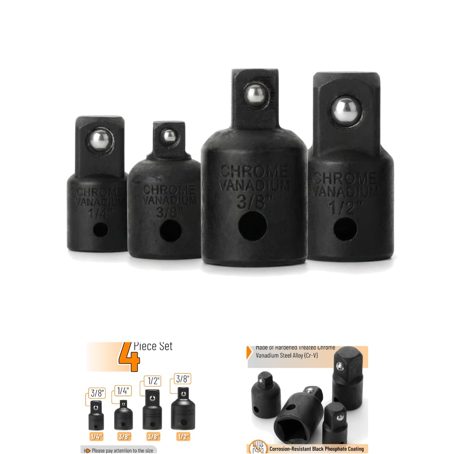 Bates 4-Pc Impact Socket Adapter Set – Chrome Vanadium for Superior Durability