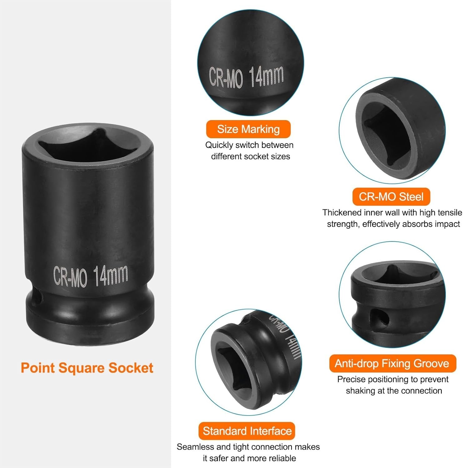4 Point Square Socket 1/2″ Drive 14mm Impact Socket CR-MO Blackening