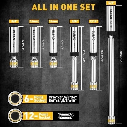 ELEAD 8-Piece 3/8″ Drive Magnetic Swivel Spark Plug Socket Set, 5/8″, 9/16″, 14m