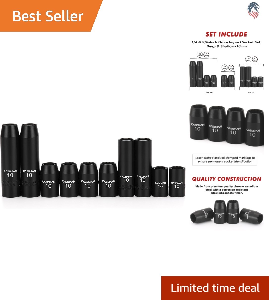 Impact Socket Set 10pcs 10mm Chrome Vanadium 1/4 3/8 Drive Black Finish