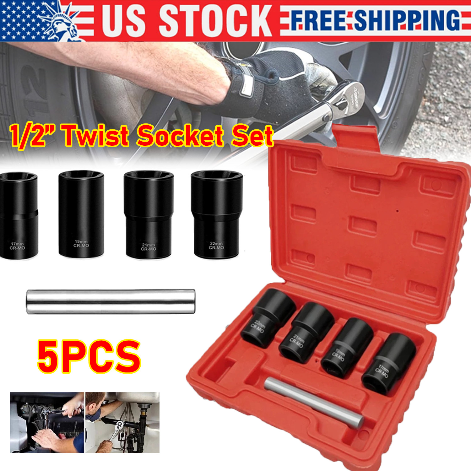 5Pc Wheel Lug Nut Remover 1/2″ Drive Twist Socket Kit Remove Damaged Locked Nut