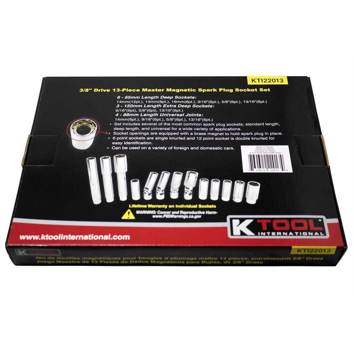 NEW K Tool International Spark Plug Socket Set 13 Piece Magnetic 3/8 Inch 22013