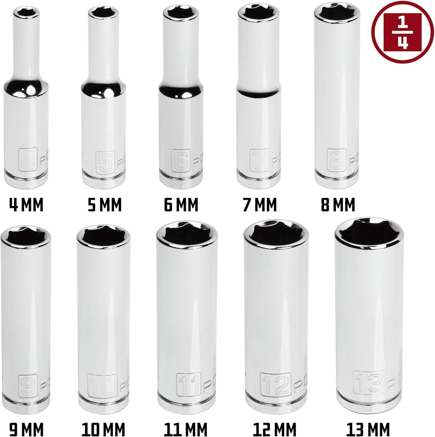 Quality Metric 6 Point Deep Socket Set, 10 Chrome Vanadium Tools – ANSI Approved