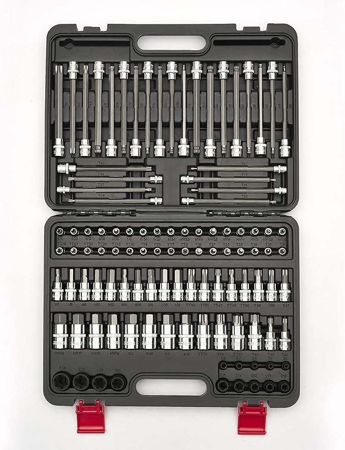 107-Piece Master Torx & Allen Bit Socket Set, S2 Steel, 1/4″ 3/8″ 1/2″ Drive, Lo