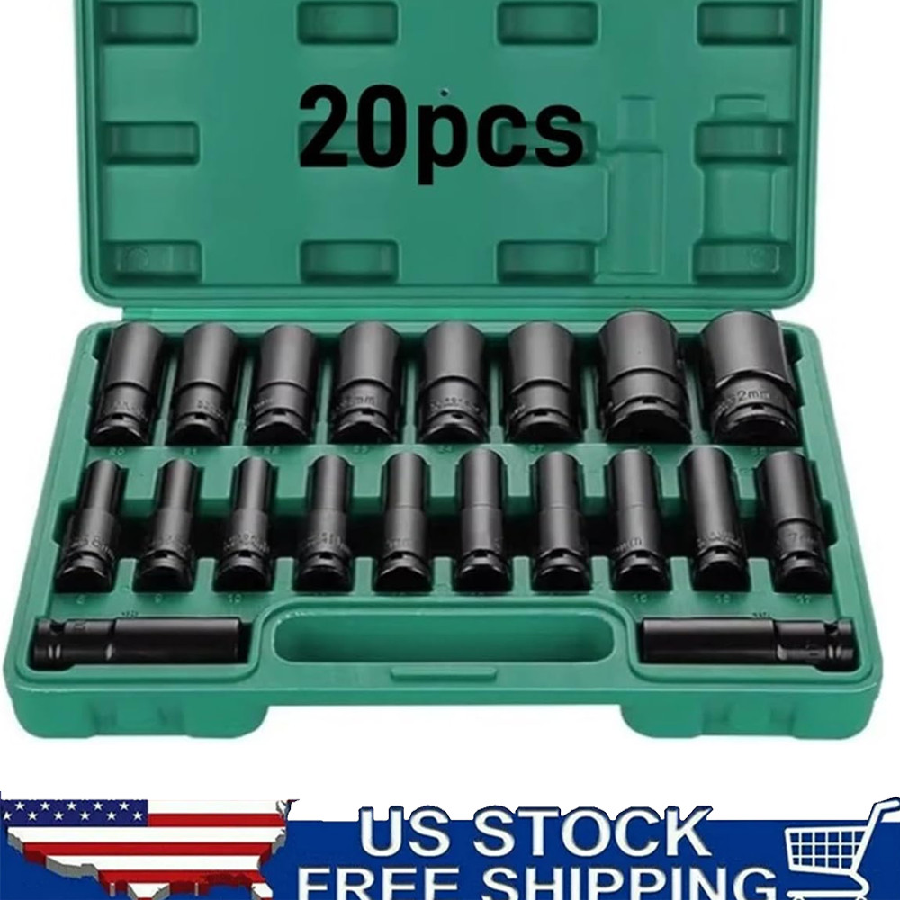 20PCS 1/2Inch Impact Sockets Set Drive Metric 8mm-32mm Deep 6-Point Set w/case