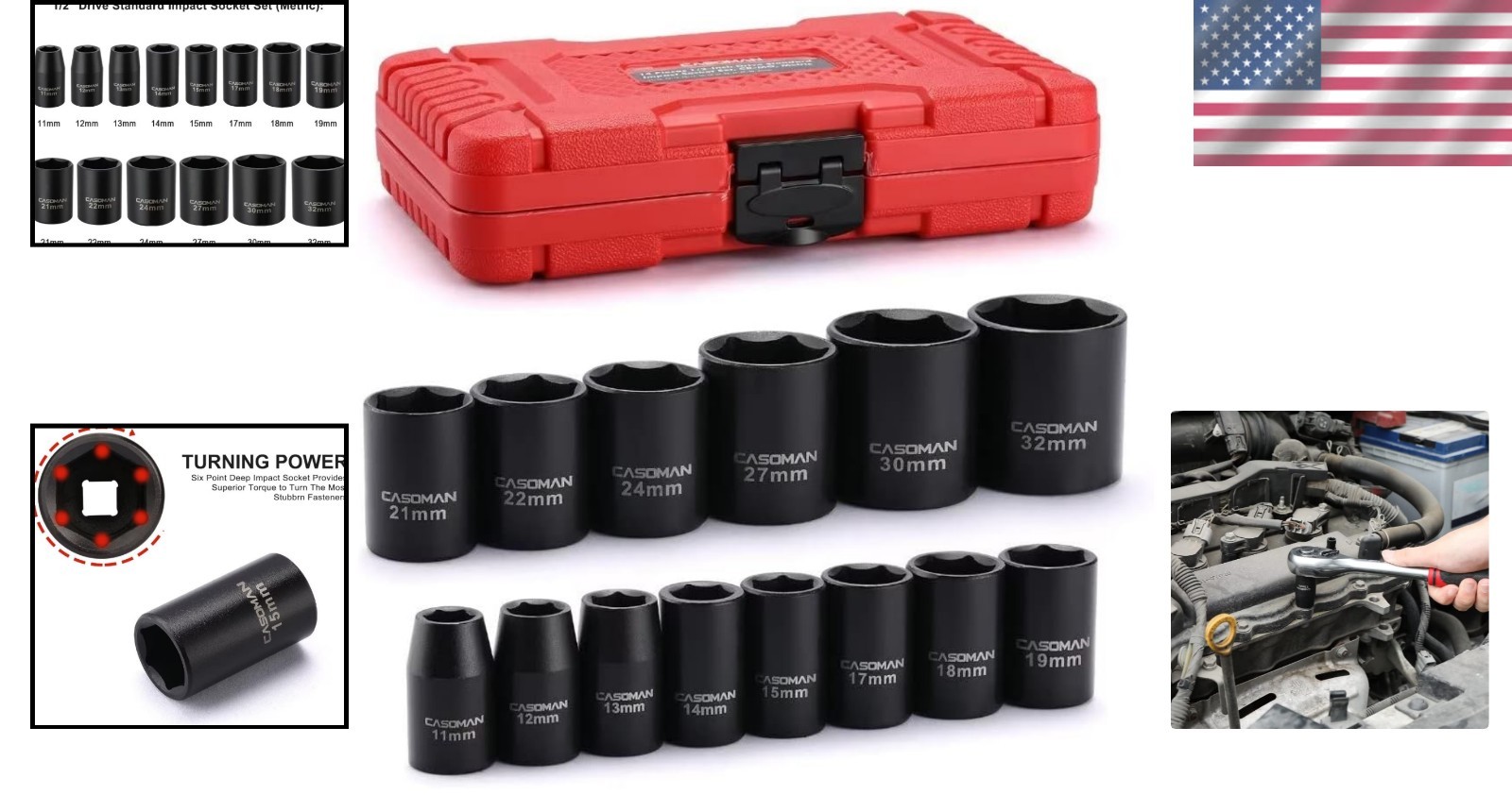Durable 14-Piece 1/2-Inch Drive Impact Socket Set with Black Phosphate Finish