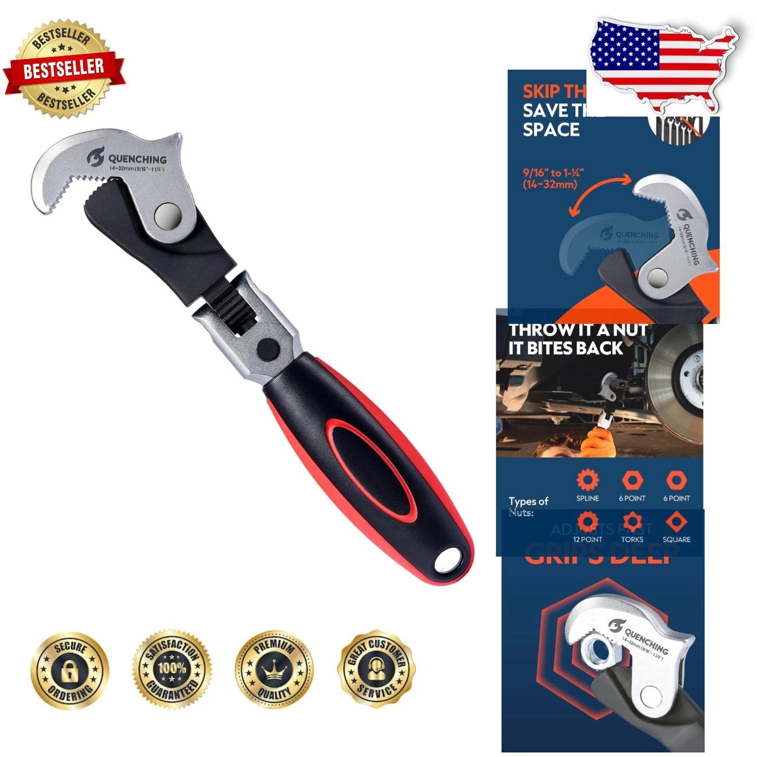 Versatile Crowfoot Wrench 9.5″: Auto Jaw 14-32mm, Rust Resistant Grip