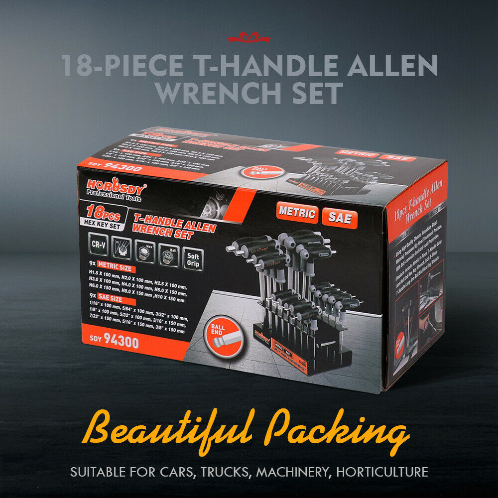 18PC T-Handle Allen Wrench Set Long Arm Ball End Hex Key 1.5-10MM & 1/16″-3/8″
