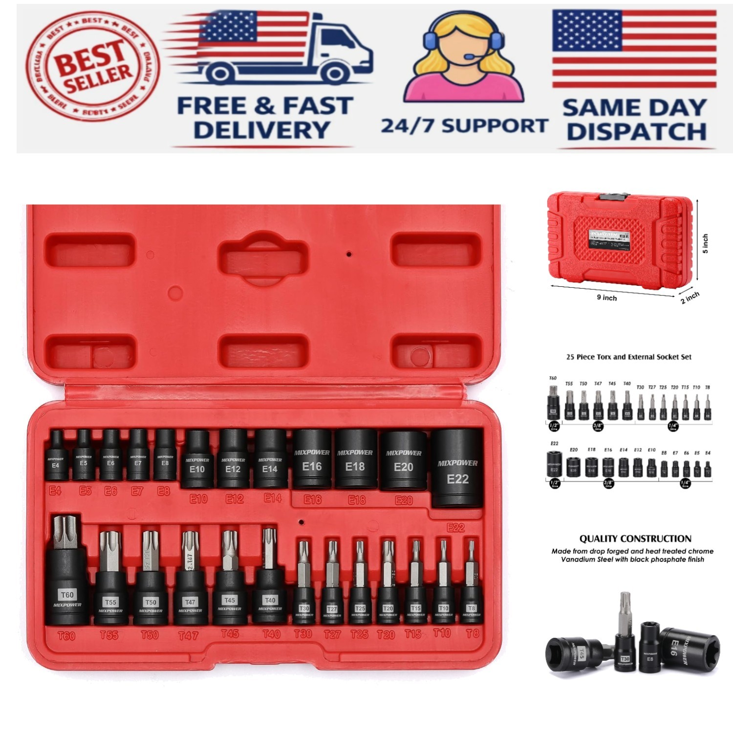 Alloy Steel 25-Piece Torx & E-Torx Socket Set – Superior Durability & Torque