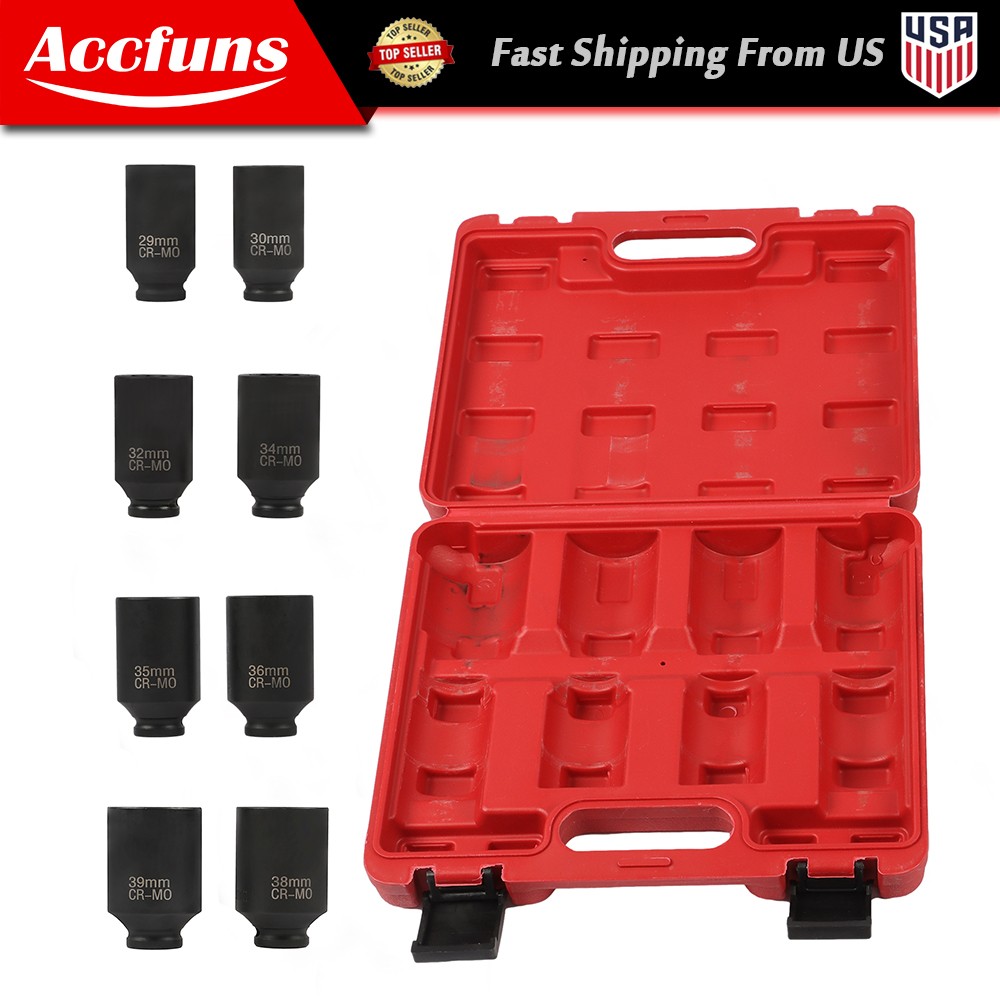 1/2″ Impact Socket Set 12 Point 29-39mm Drive Deep Spindle Axle Nut 8Pcs w/ Box