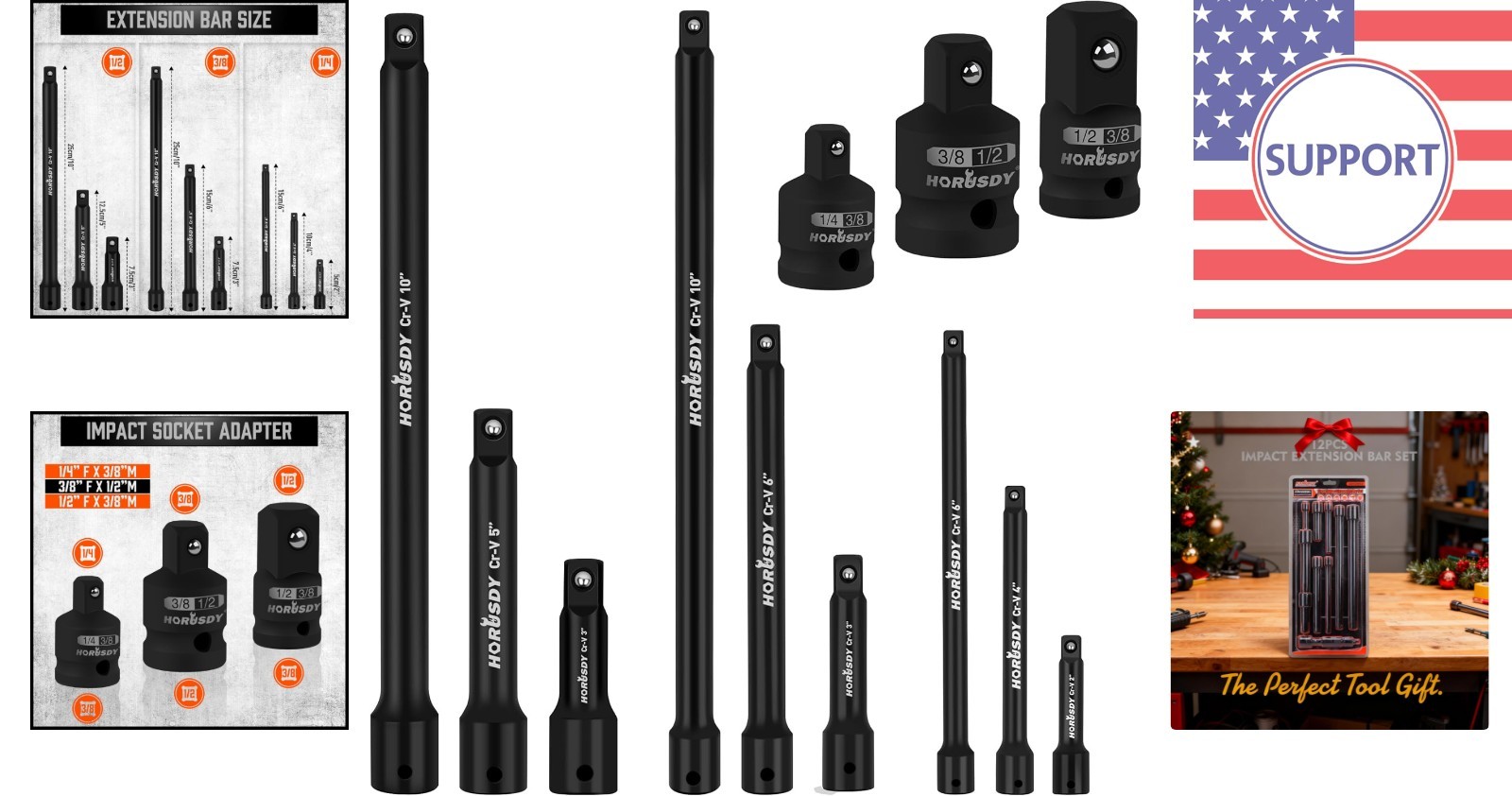 12-Piece Impact Drive Socket Extension Set in CR-V Steel, Multiple Sizes