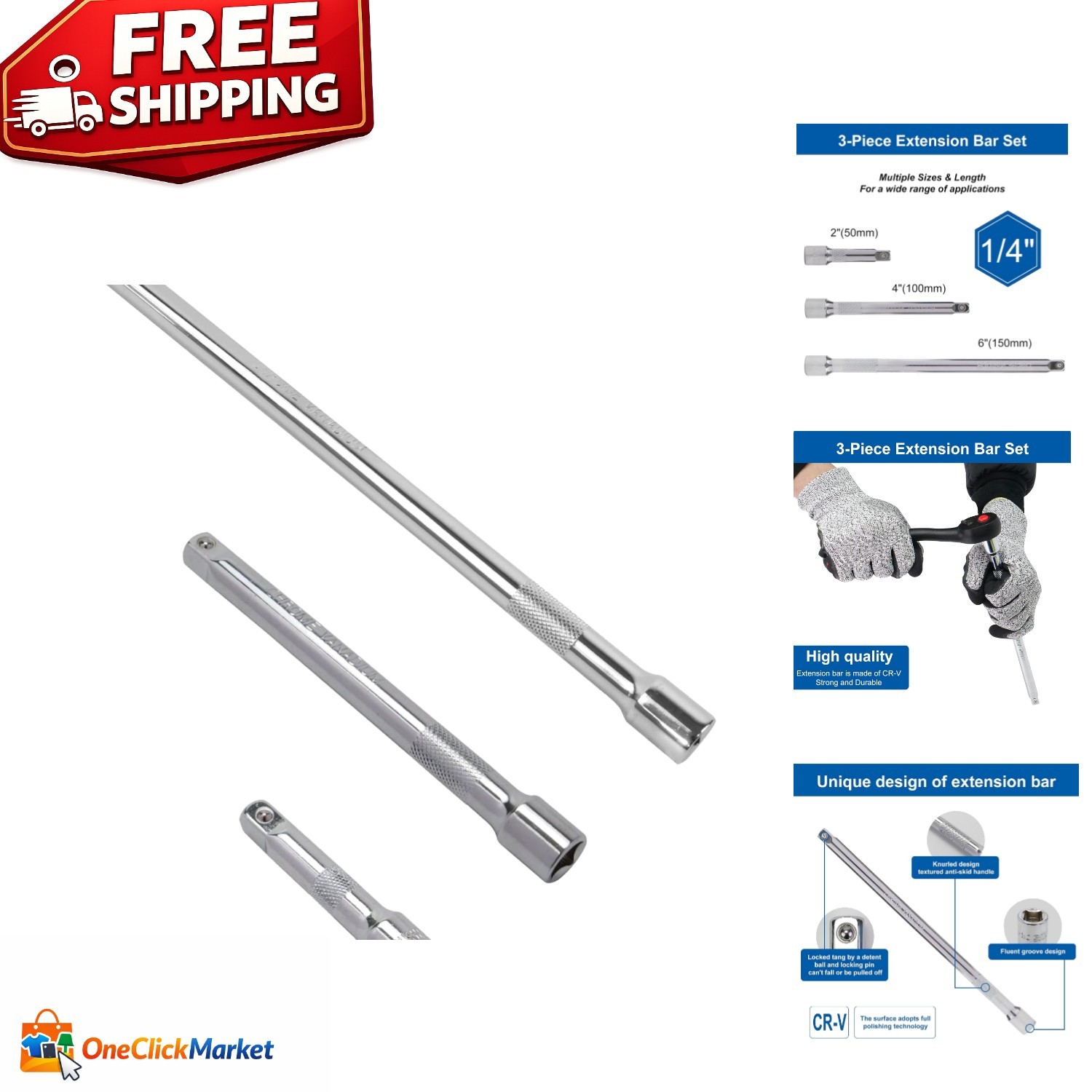1/4 Inch Drive Socket Extension Set – 3 Pieces in Chrome Vanadium Steel