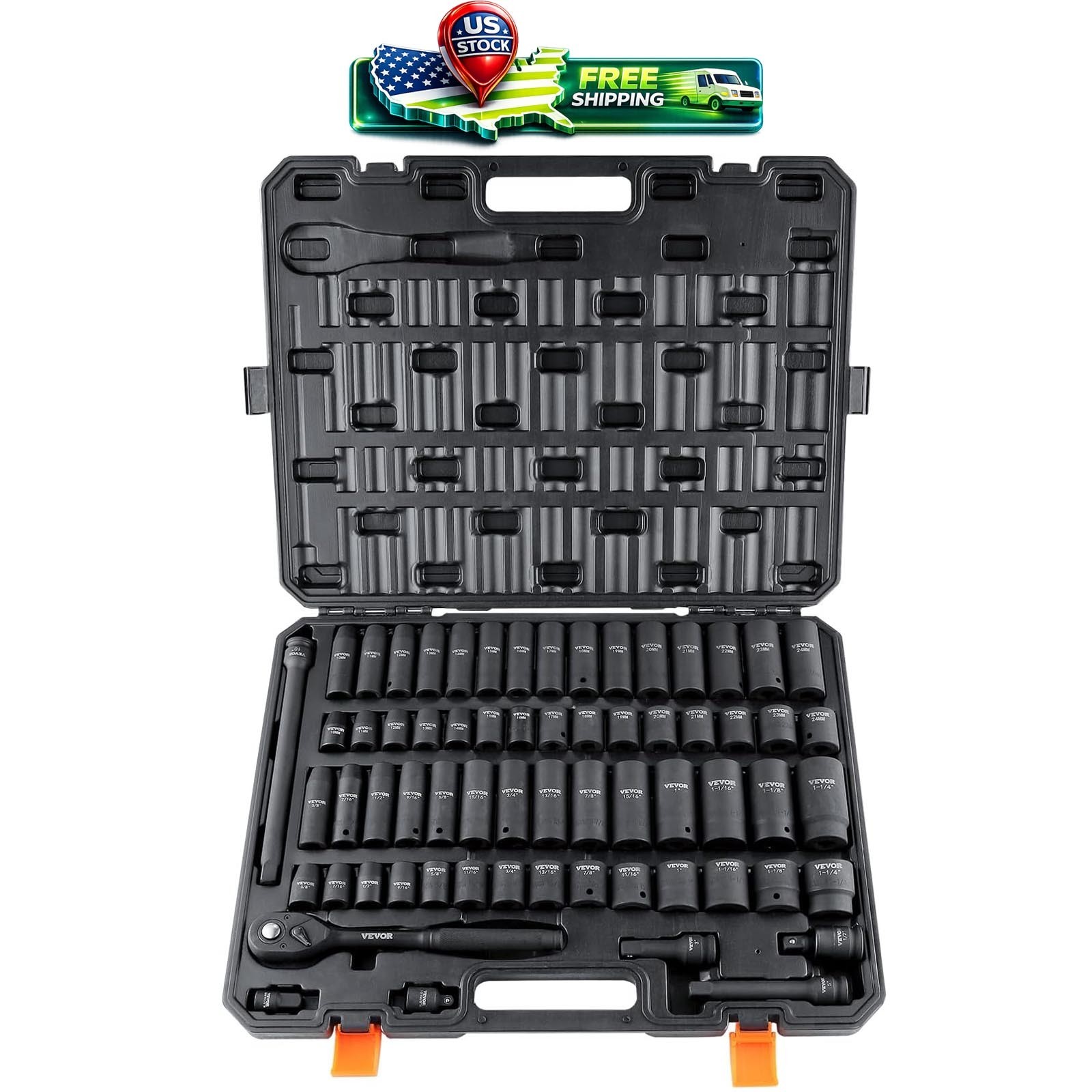 VEVOR 1/2 Drive Socket Set 65Pc SAE 3/8-1-1/4 Metric 10-24mm Cr-V Case