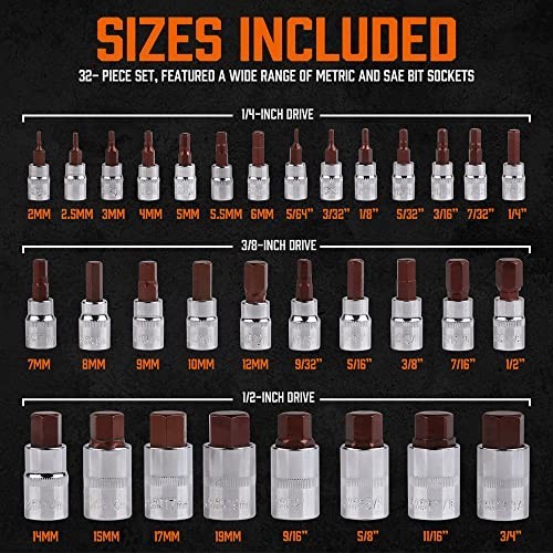 32 Piece Hex Bit Socket Set SAE Metric 1/4 3/8 1/2 Drive High Torque S2 Steel