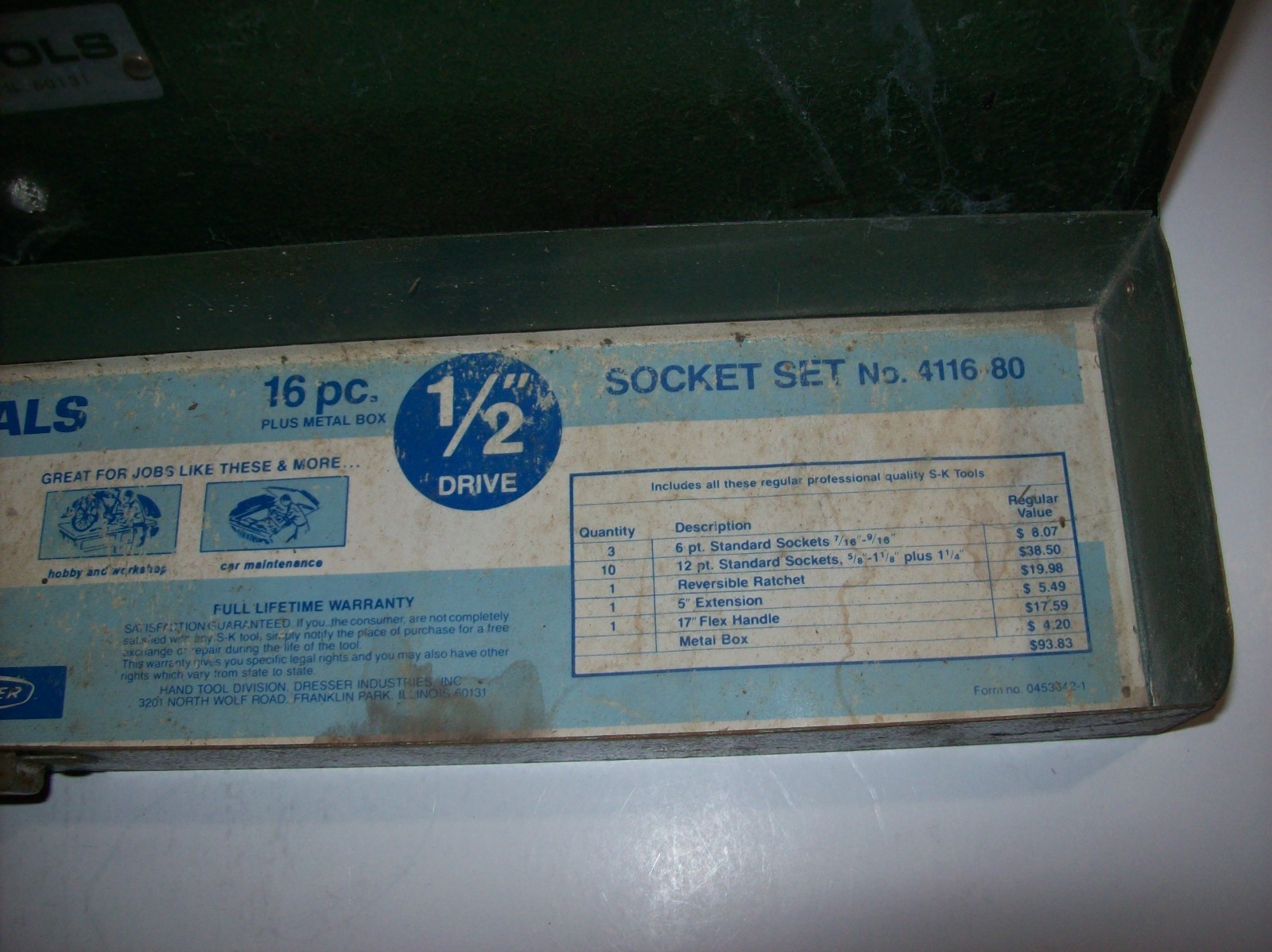 EMPTY Vintage S-K Tools 1/2″ Dr Green Metal Socket Set 4116-80 Case Box