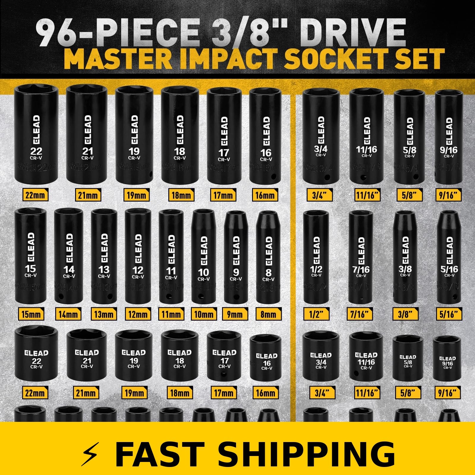 ELEAD 96-Piece 3/8″ Drive Impact Socket Set – SAE & Metric