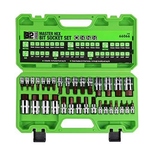 SWANLAKE 32 Piece Hex Bit Socket Set,SAE and Metric, 1/4», 3/8′, 1/2» Drive