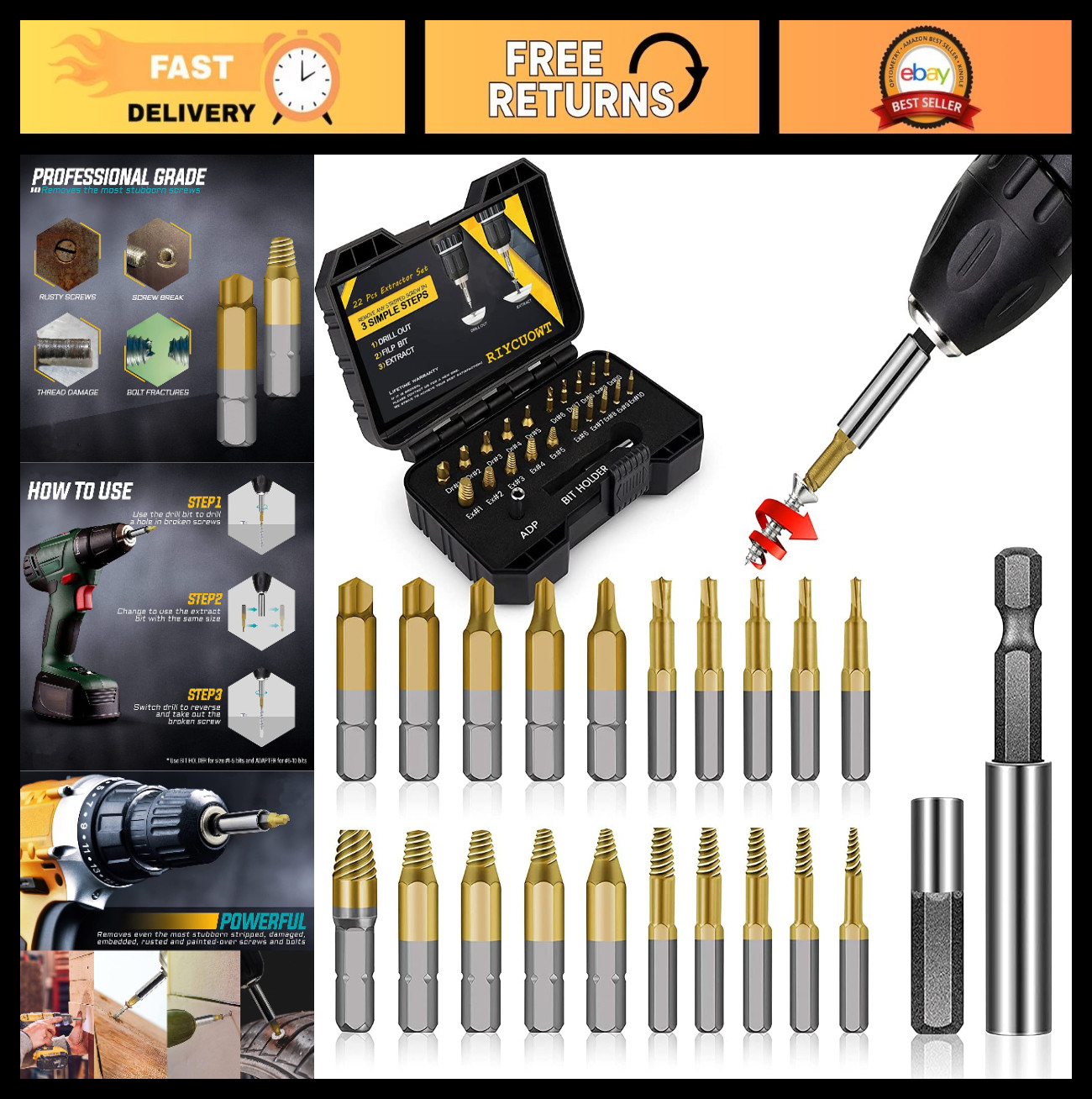 22Pcs Titanium Screw Extractor Set – Stripped Screw Remover & Bolt Drill Bit Too