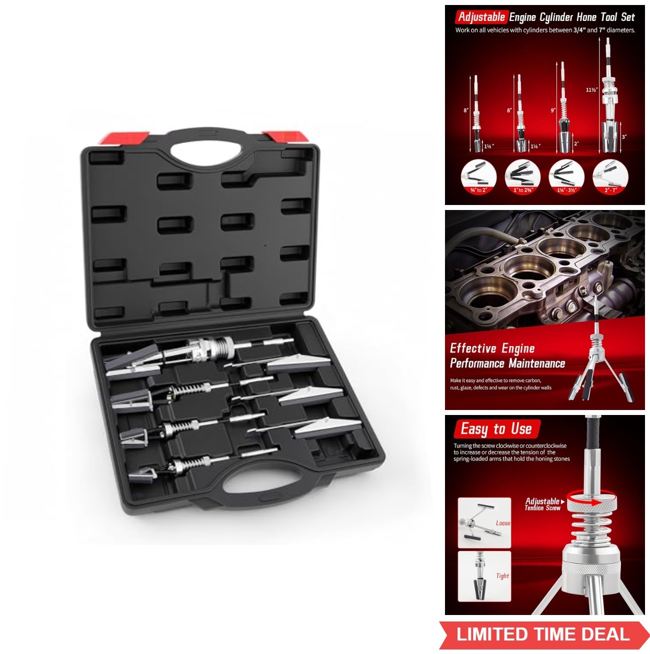 Cylinder Hone Tool Set 7 Piece Adjustable Engine Honing Grinding 3/4 to 7 Inch
