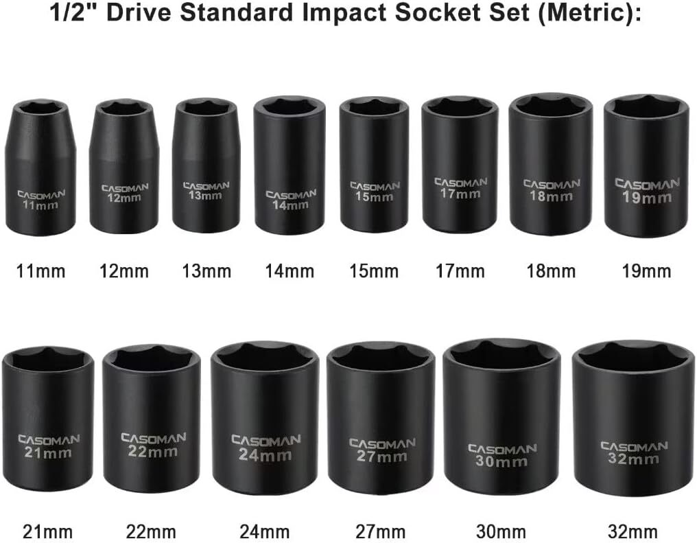 CASOMAN 14 Pieces 1/2-Inch Drive Shallow Impact Socket Set Metric 6-Point New