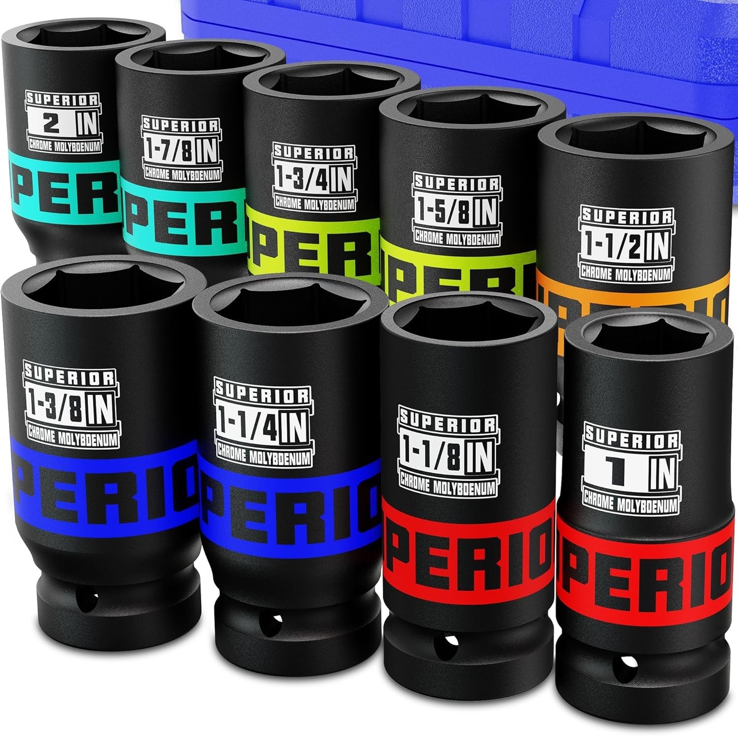 9 Piece 1″ Drive Deep Impact Socket Set, 1 Inch – 2 Inch, SAE, 6-Point Design…