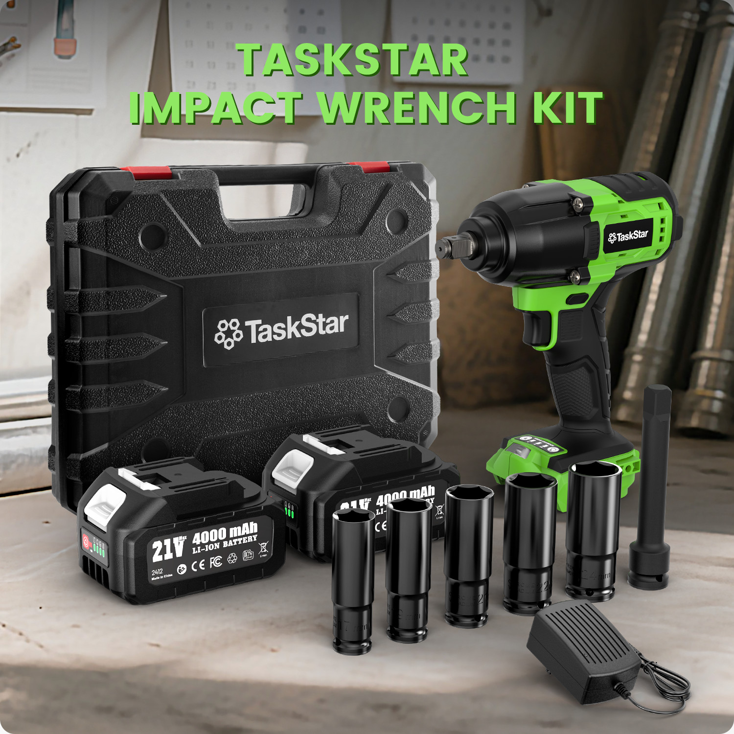 TaskStar 1300N.m (958ft-lbs) 1/2″ Cordless Impact Wrench 2x 4000mah Fast Charge
