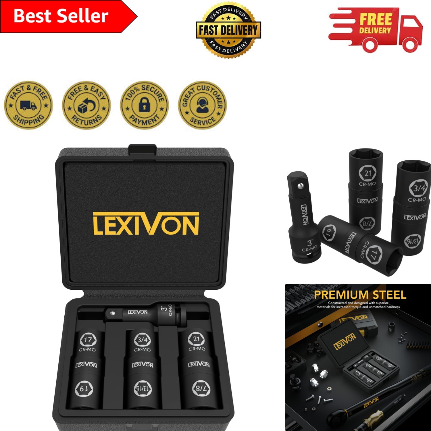 Durable 6 Lug Nut Impact Socket Set – Manganese Phosphate Finish for Longevity