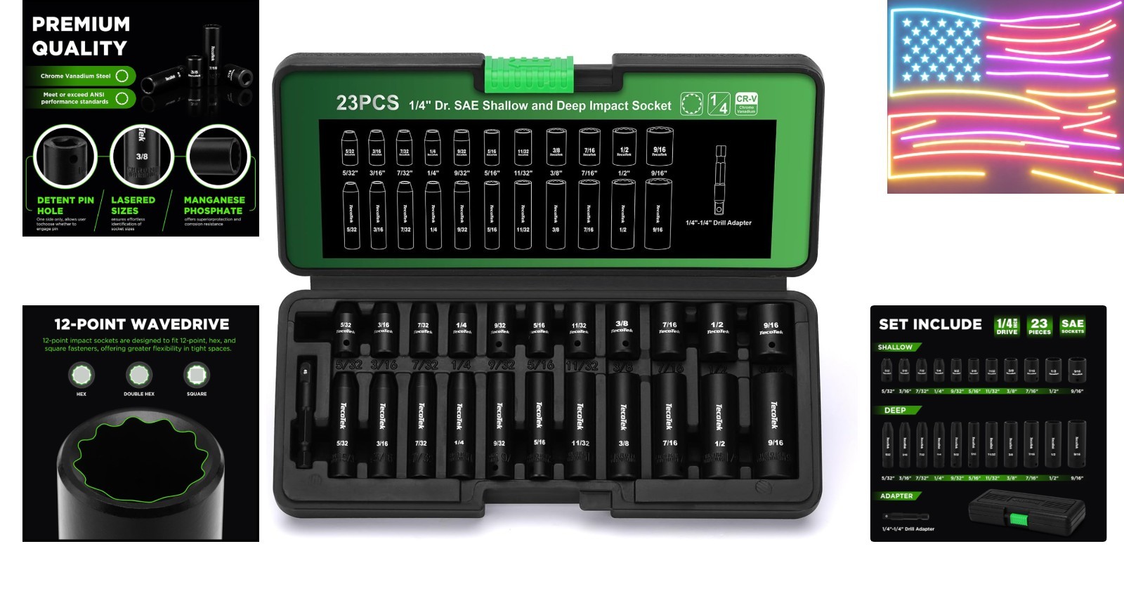 23 Pieces 1/4-Inch Drive Shallow and Deep 12-Point Impact Socket Set, CR-V, 5…
