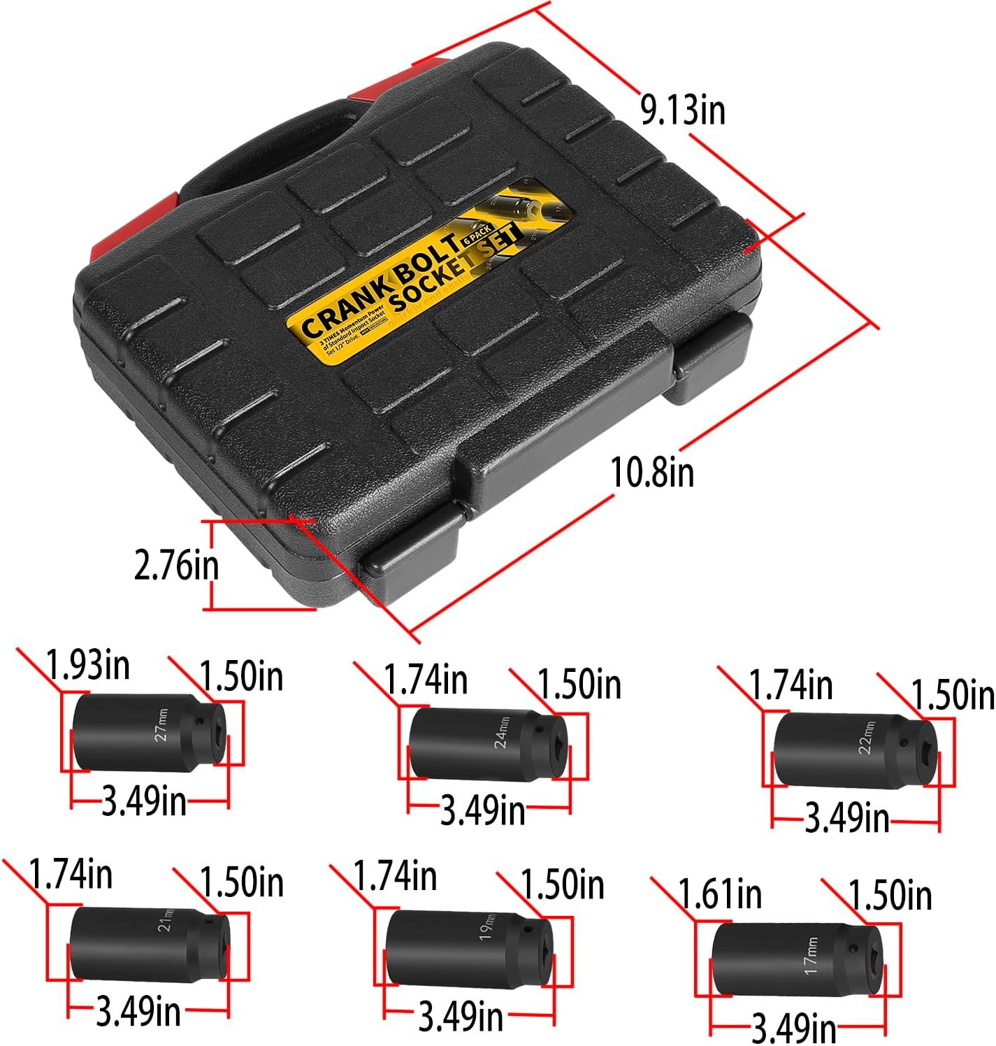 6 Pack Crank Bolt Socket Set Harmonic Balancer Impact Socket 17/19/21/22/24/27m