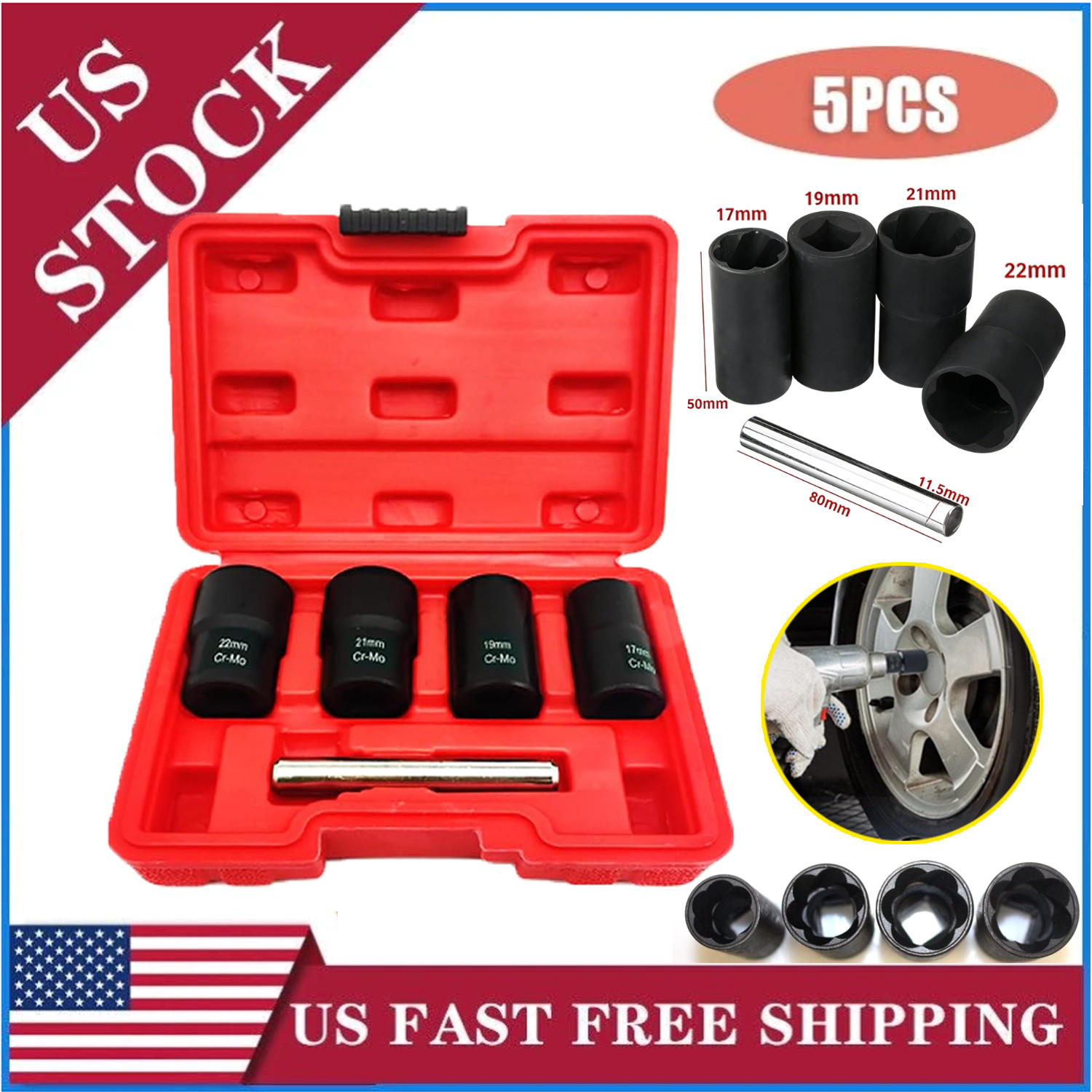 Lug Nut Removal Tool, 5 Pieces Twist Socket Set 1/2 Inch Drive 17 19 21 22mm