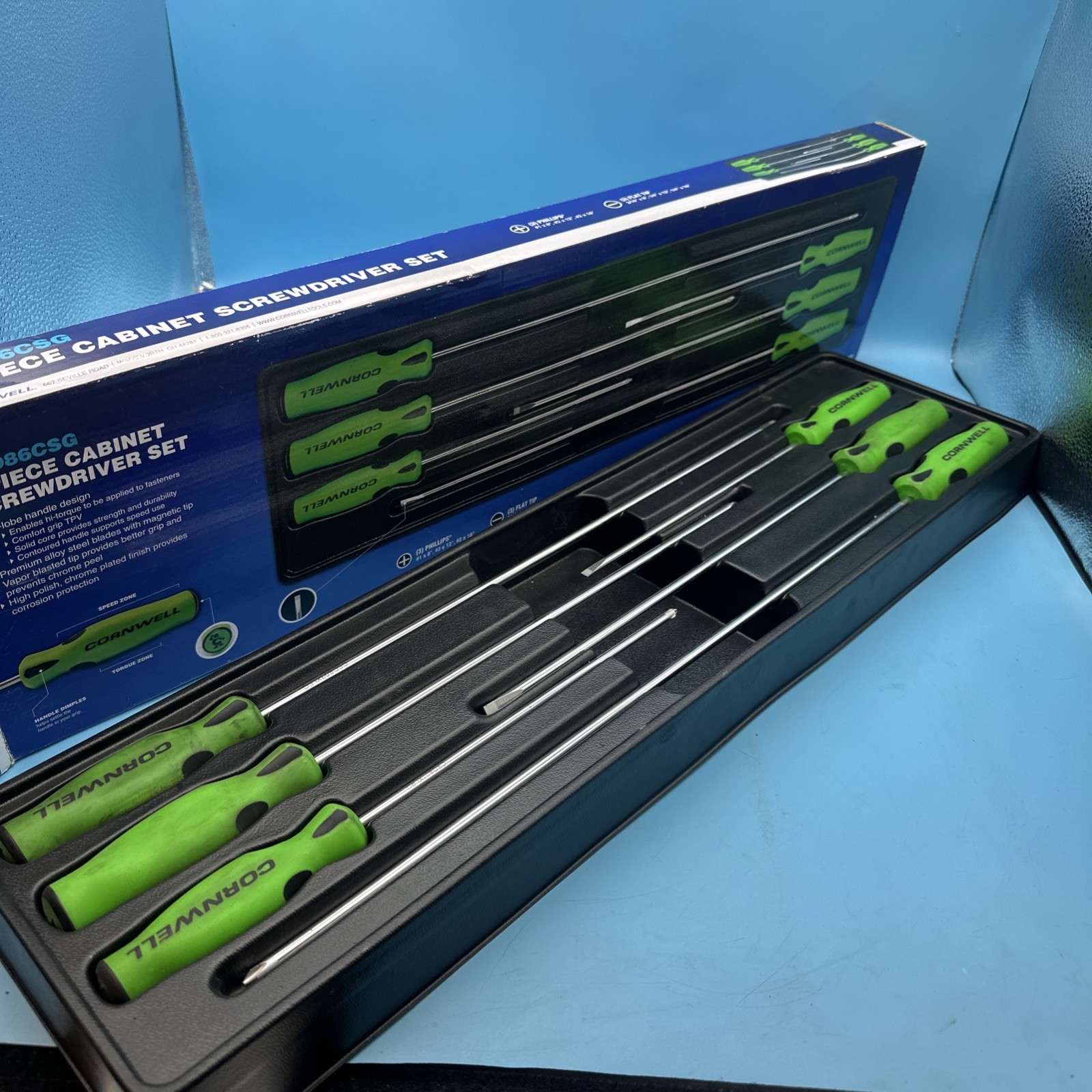 Cornwell CSD86CSG 6pc Green Cabinet Screwdriver 3 Phillips 3 Flat Cushion Grip